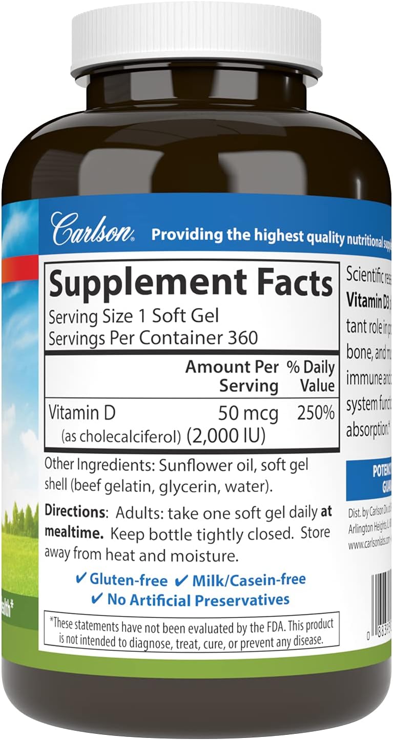 Supplement facts & ingredients image: Carlson Vitamin D3 supplement facts cholecalciferol softgels 360 count