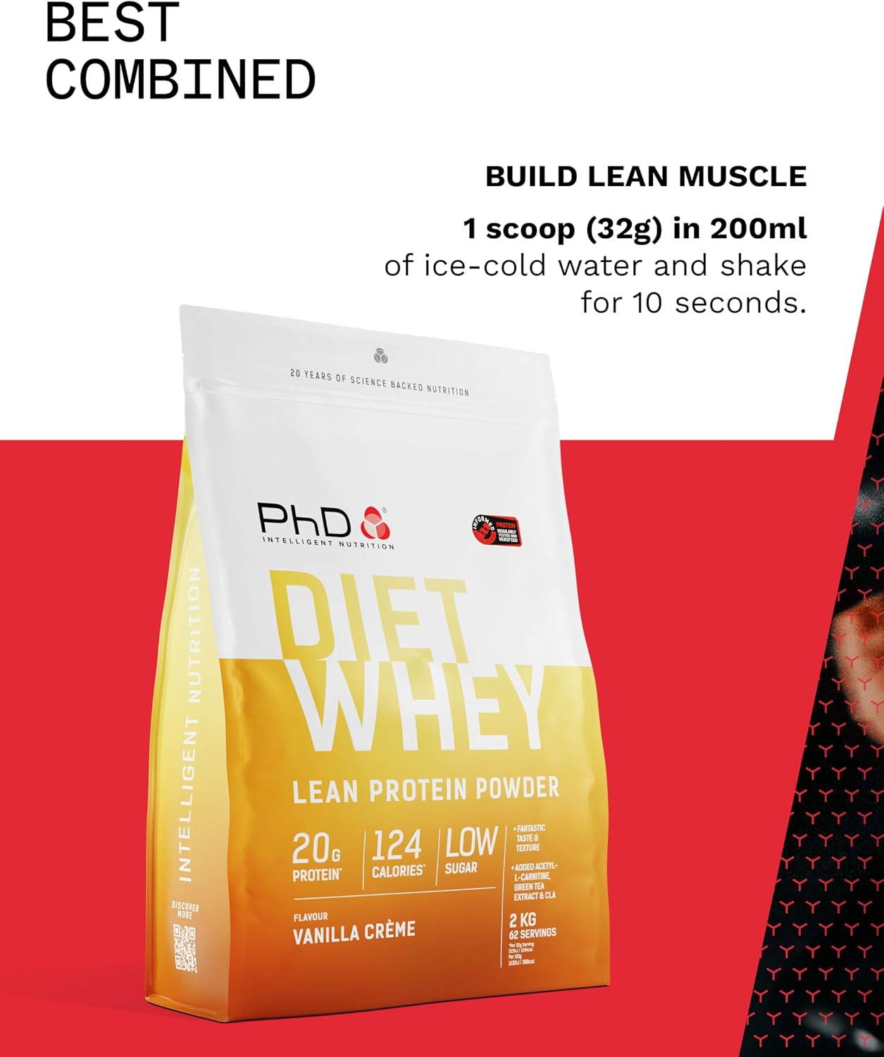 PhD Diet Whey Lean Protein Powder, resealable bag packaging, Vanilla Crème flavour, 2kg, protein shake preparation and use