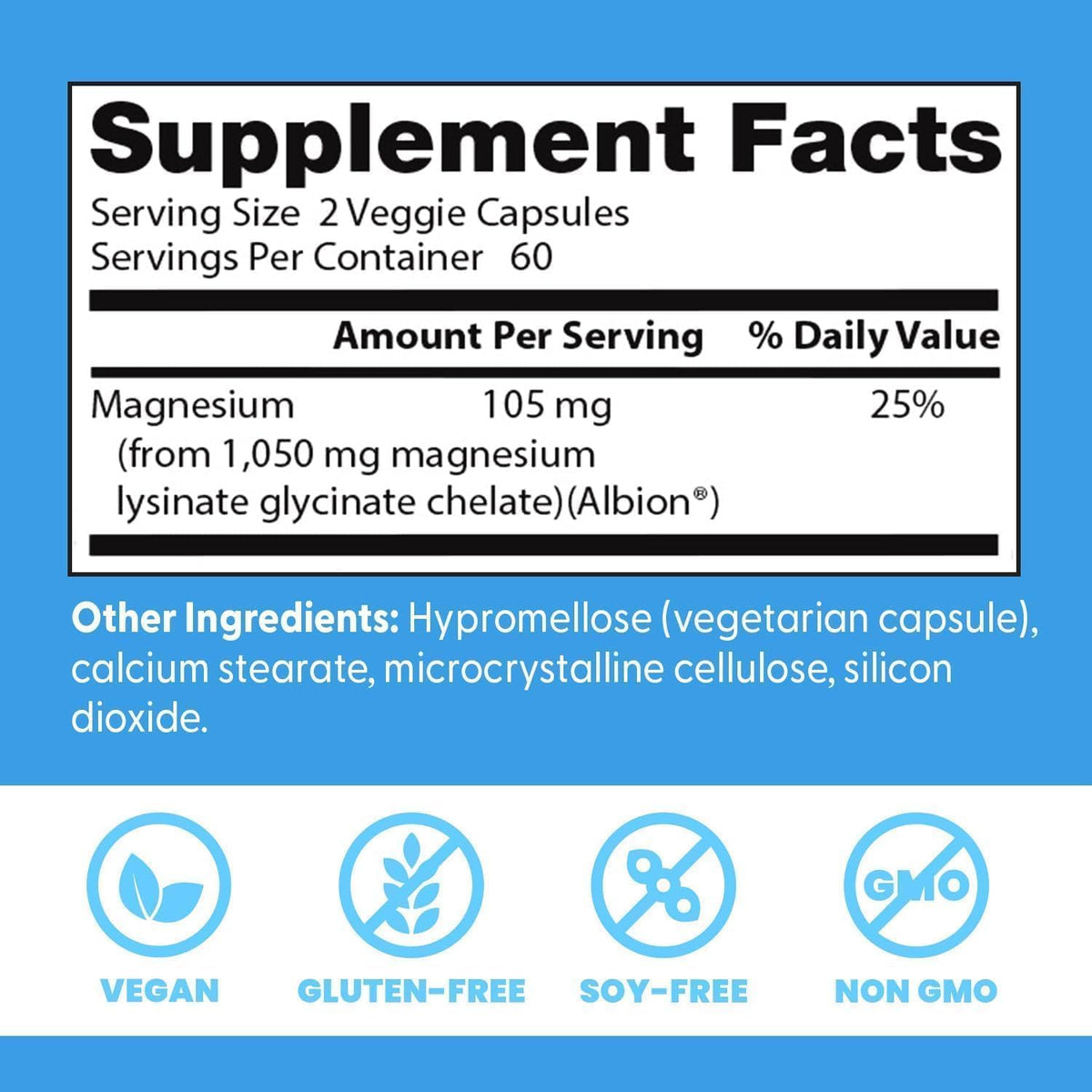 Doctor's Best High Absorption Magnesium Lysinate Glycinate, bottle packaging, no flavour, 105mg, 120 veggie capsules, supplement facts and ingredients