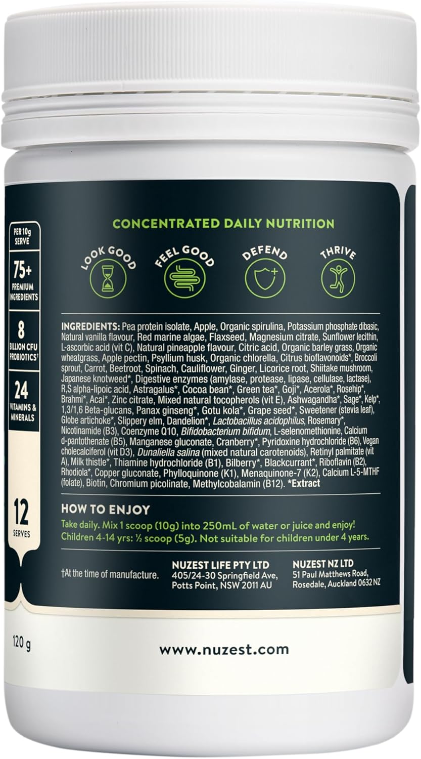 Full ingredients and nutrition panel for Good Green Vitality powder