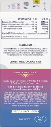 Nutritional information and dosage for Minami Kids Omega-3 Liquid box