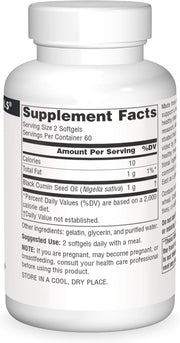 Supplement facts & ingredients image: Source Naturals Black Seed Oil softgels ingredient panel 120 count