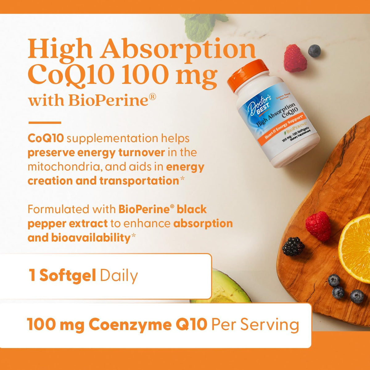 Doctor's Best High Absorption CoQ10 with BioPerine, bottle packaging, unflavoured, 100mg, 60 or 120 softgels, daily use instructions