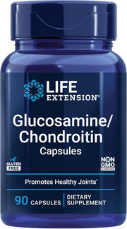 Life Extension Glucosamine & Chondroitin Sulfate supplement bottle, 90 capsules for joint support.