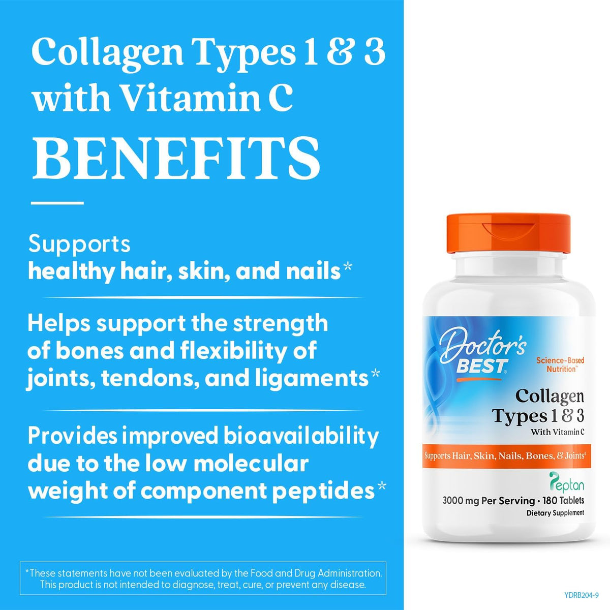 Doctor's Best Collagen Types 1 & 3 with Vitamin C, bottle packaging, unflavoured, 3000mg, 180 tablets, daily dietary supplement use