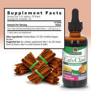 Nature’s Answer Cat’s Claw supplement facts low alcohol 60ml back label on a light pink background