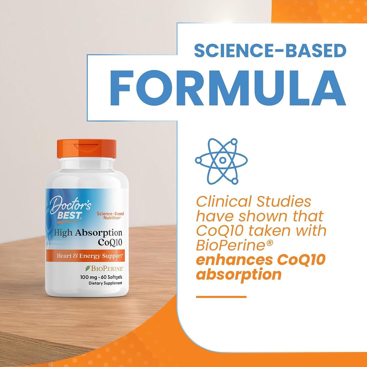 Doctor's Best High Absorption CoQ10 with BioPerine, bottle packaging, unflavoured, 100mg, 60 or 120 softgels, supplement facts and ingredients