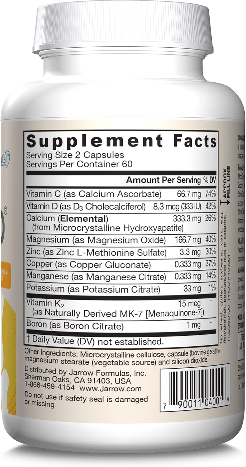Supplement Facts Image: Jarrow Formulas BoneUp calcium 1000mg D3 K2 capsules supplement facts, ingredients and barcode 120 count