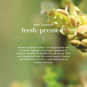 Close-up of green leaves with text about fresh-pressed products on a blurred green background