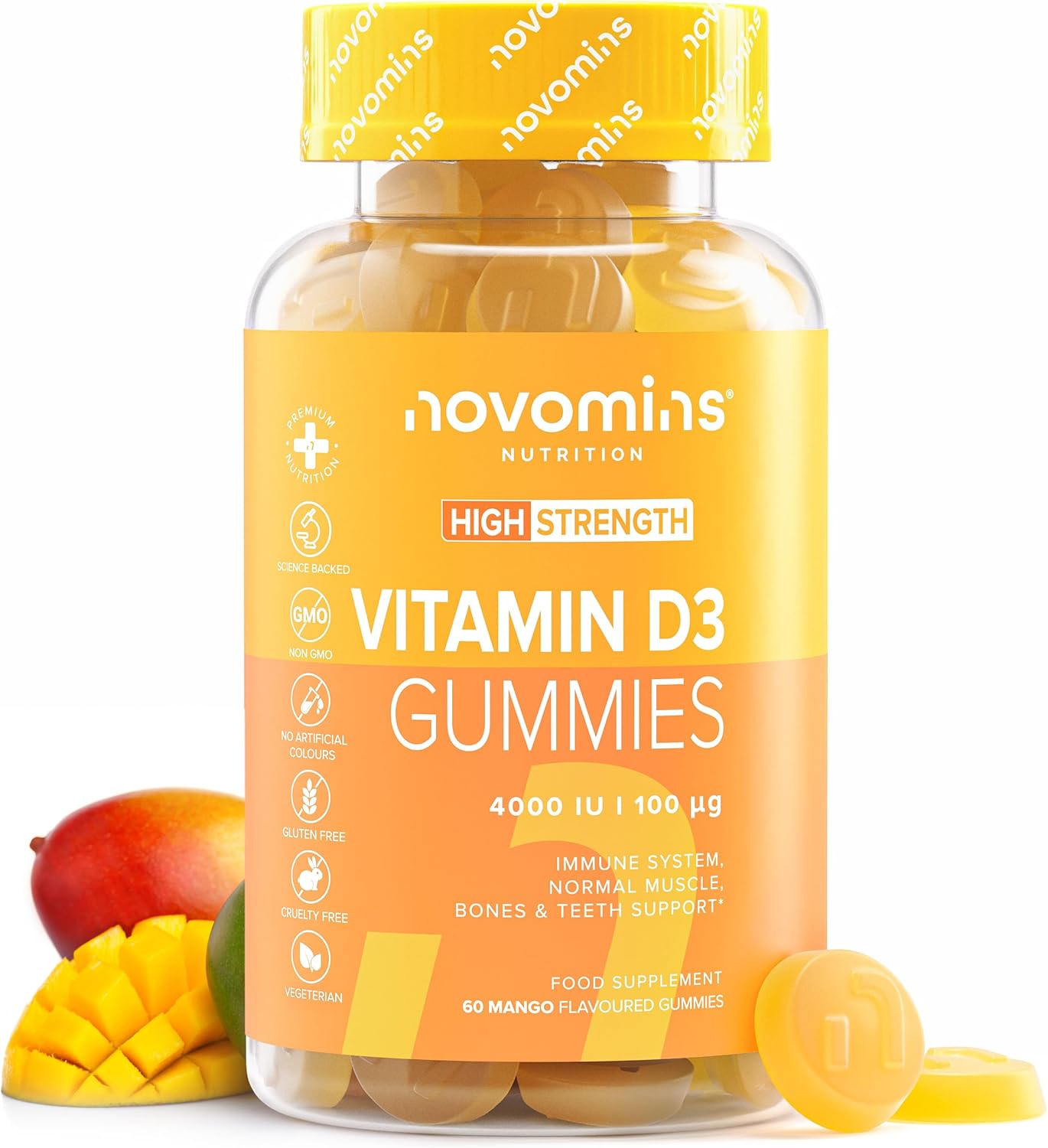 Novomins Vitamin D3 Gummies 4000 IU Mango 60 Count bottle supplement front view