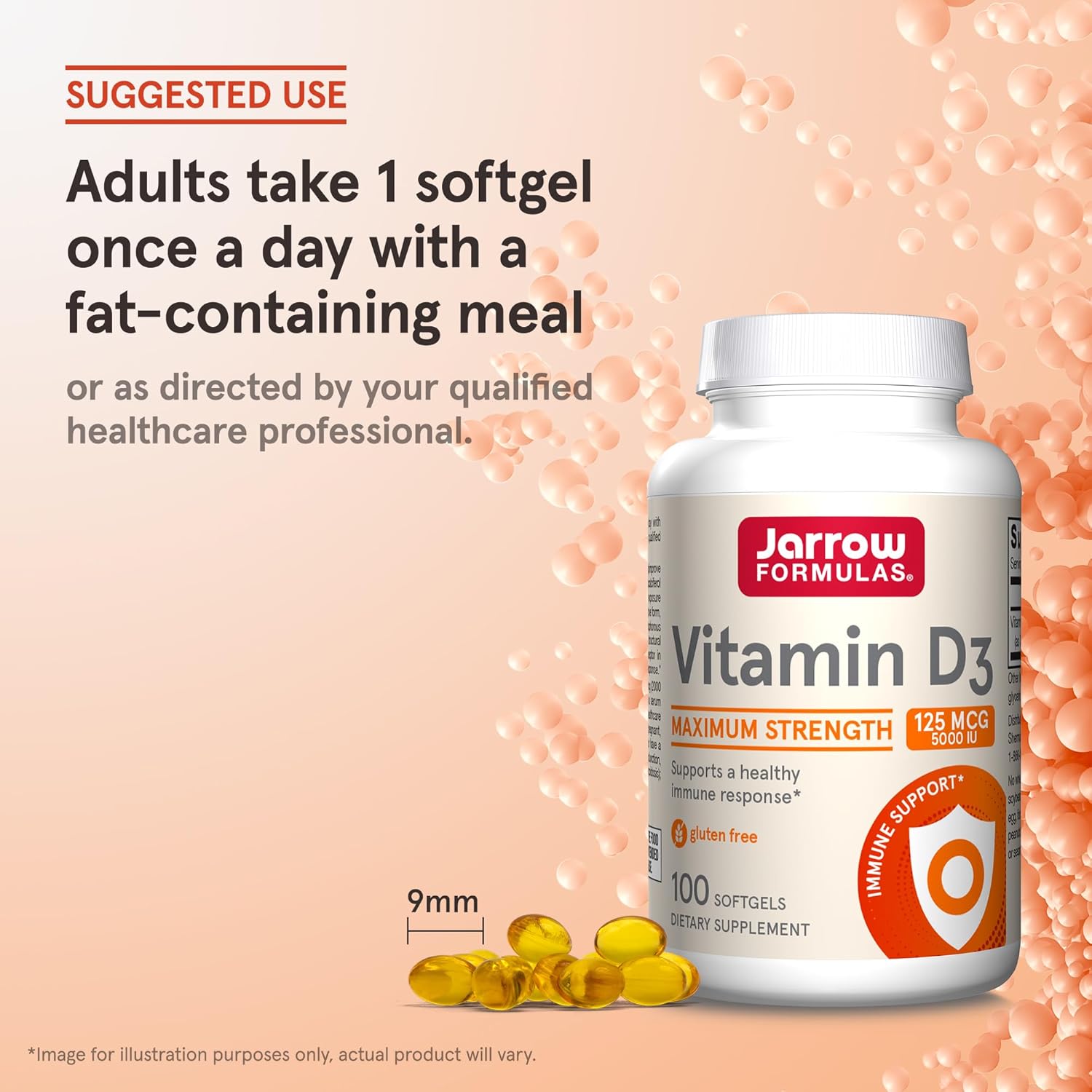 How to Use Image: Jarrow Formulas vitamin d3 5000 IU 125mcg softgels 100 count usage instructions with meal