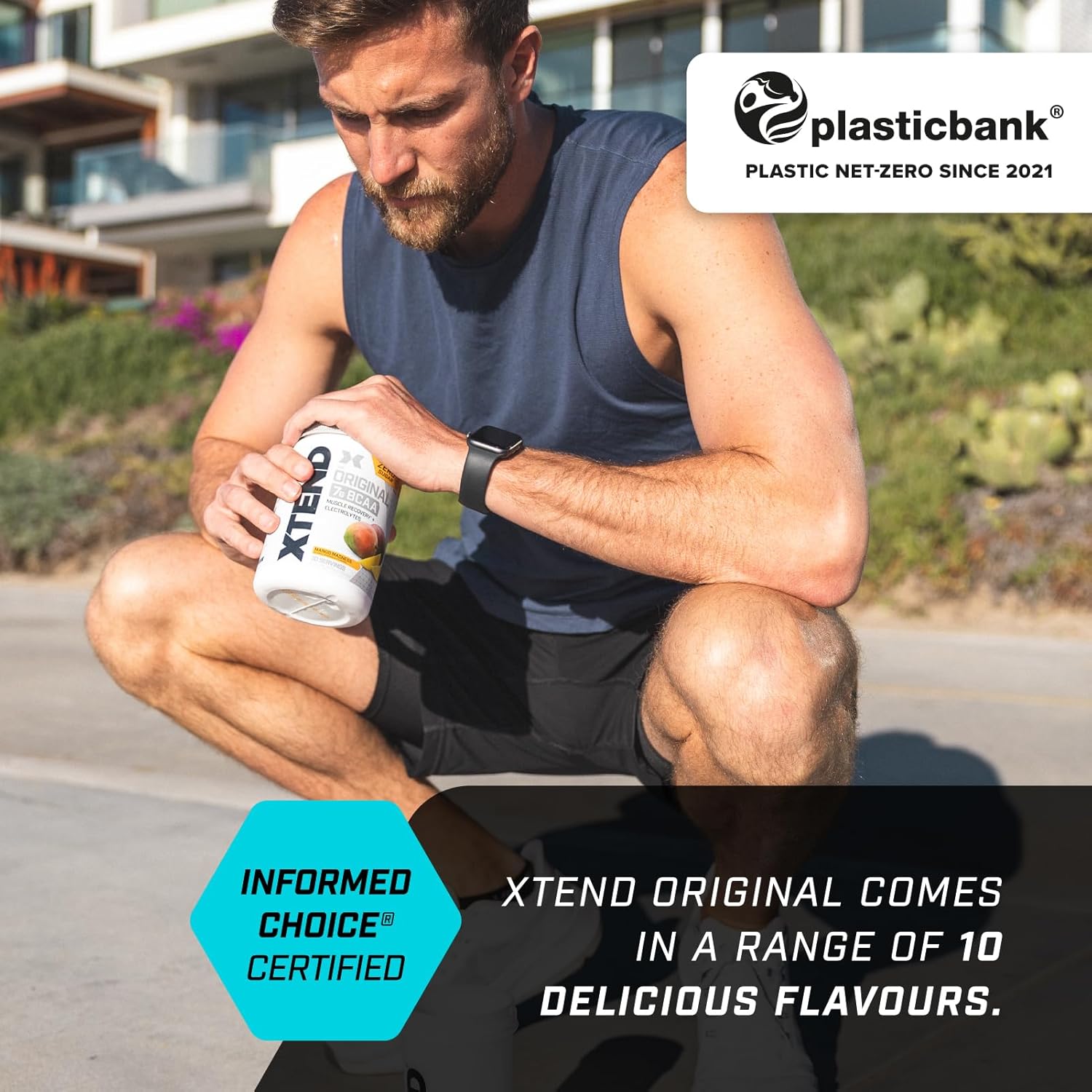 Lifestyle/use image: XTEND Original BCAA Powder Watermelon drink prepared in shaker tub powder 423g 30 servings