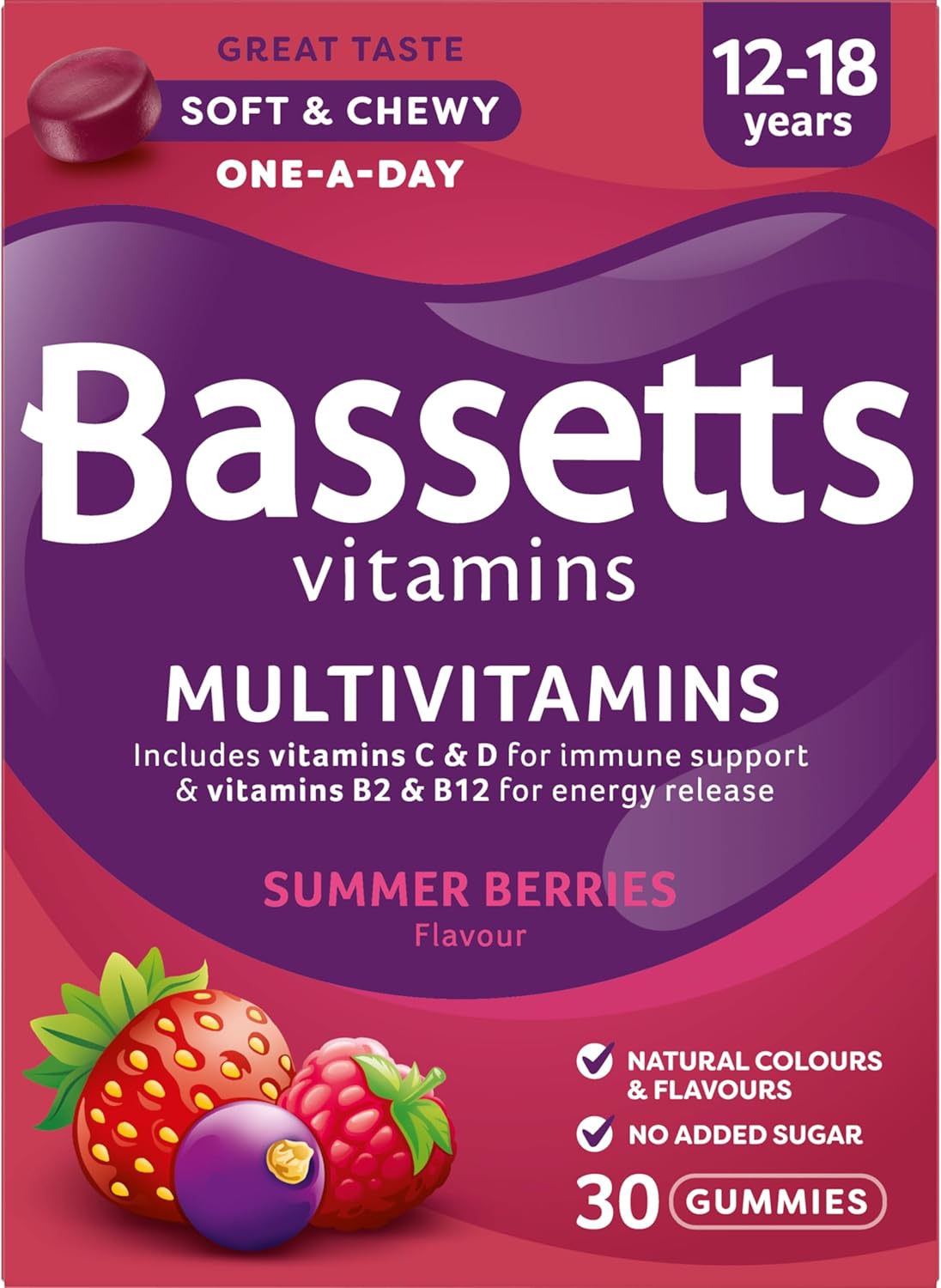 Bassetts Vitamins Multivitamins Summer Berries Gummies 12-18 Years 30 Count bottle front view