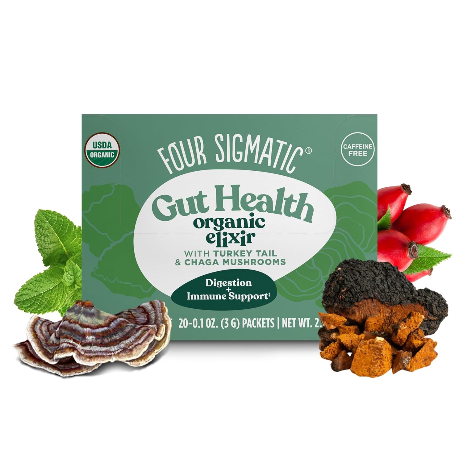 Four Sigmatic Organic Chaga Elixir Drink Mix 20 packets front packaging on white background