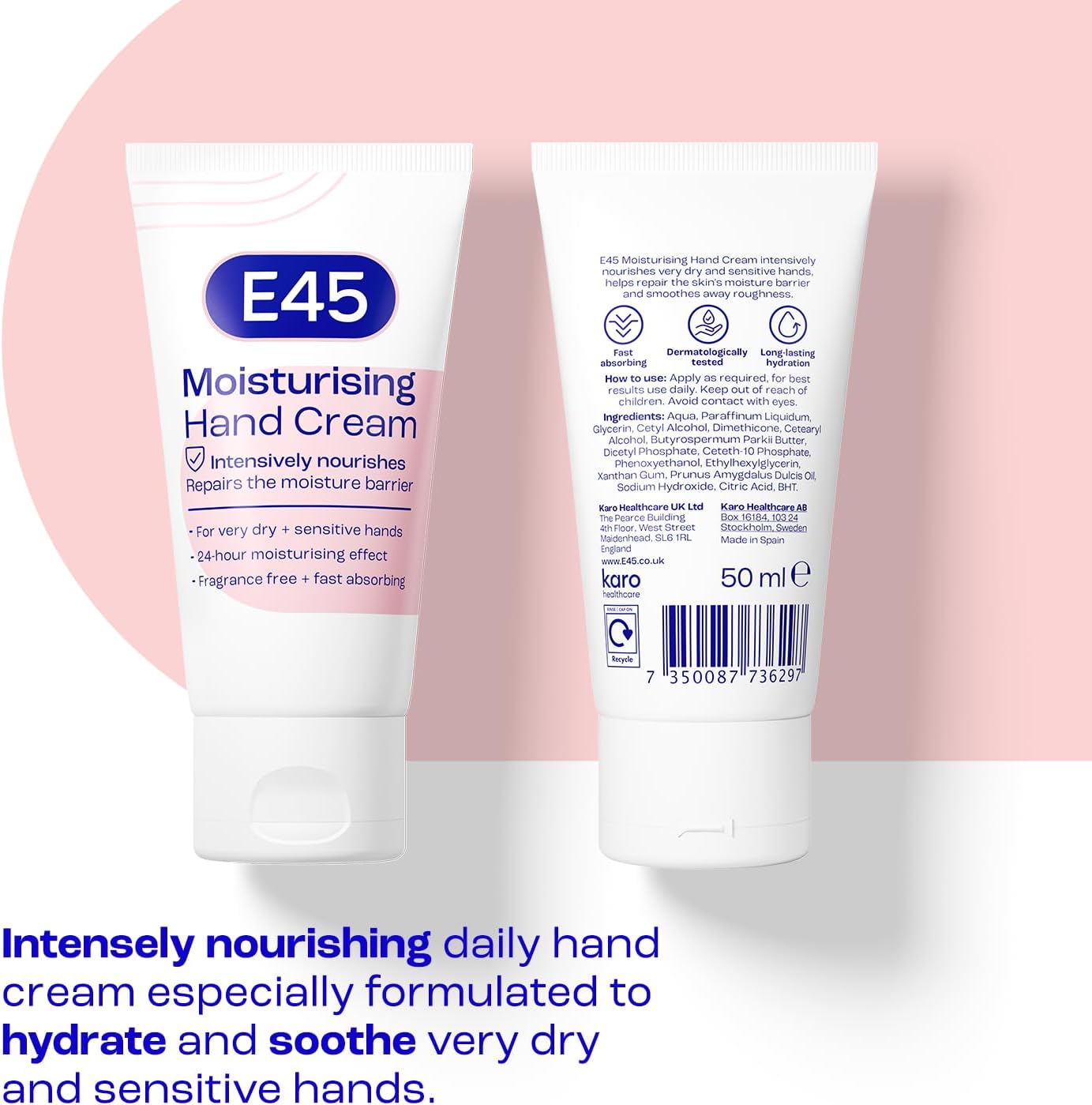 E45 Moisturising Hand Cream barcode on fragrance free skincare tube 50ml