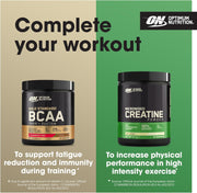 Optimum Nutrition BCAA and Creatine powder containers with promotional text on a green and beige background.