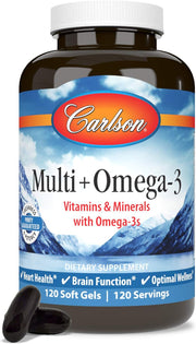 Front image: Carlson Multi Omega 3 softgels vitamins minerals fish oil bottle 120 count