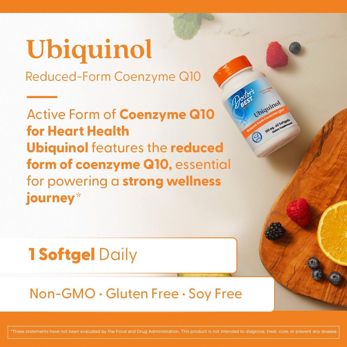 Doctor's Best Ubiquinol CoQ10, bottle packaging, no flavour, 100mg, 60 softgels, daily use instructions
