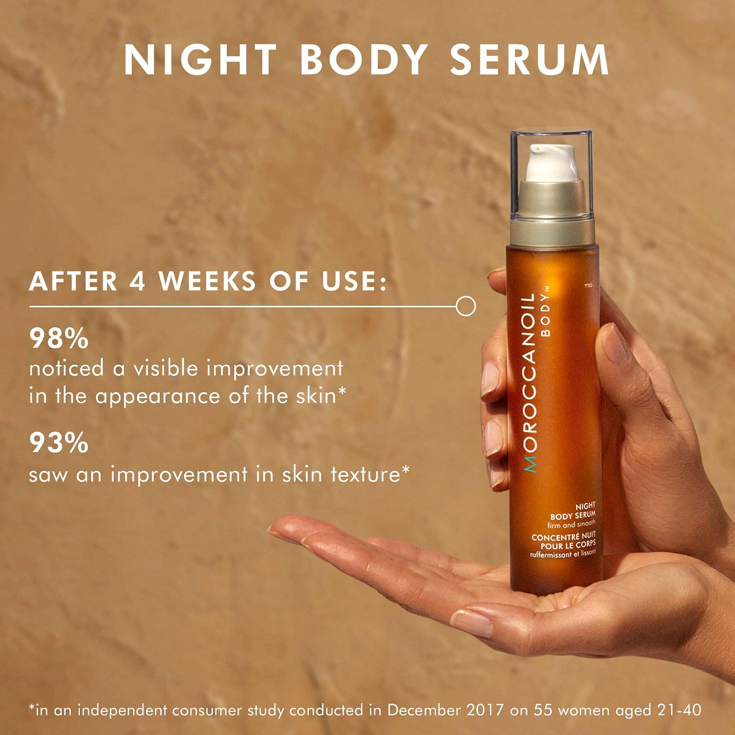 Moroccanoil Night Body Serum, pump bottle packaging, fragranced formula, 100ml, evening application directions