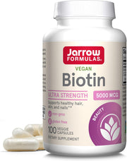 Jarrow Formulas Biotin 5000mcg bottle, 100 veggie capsules.