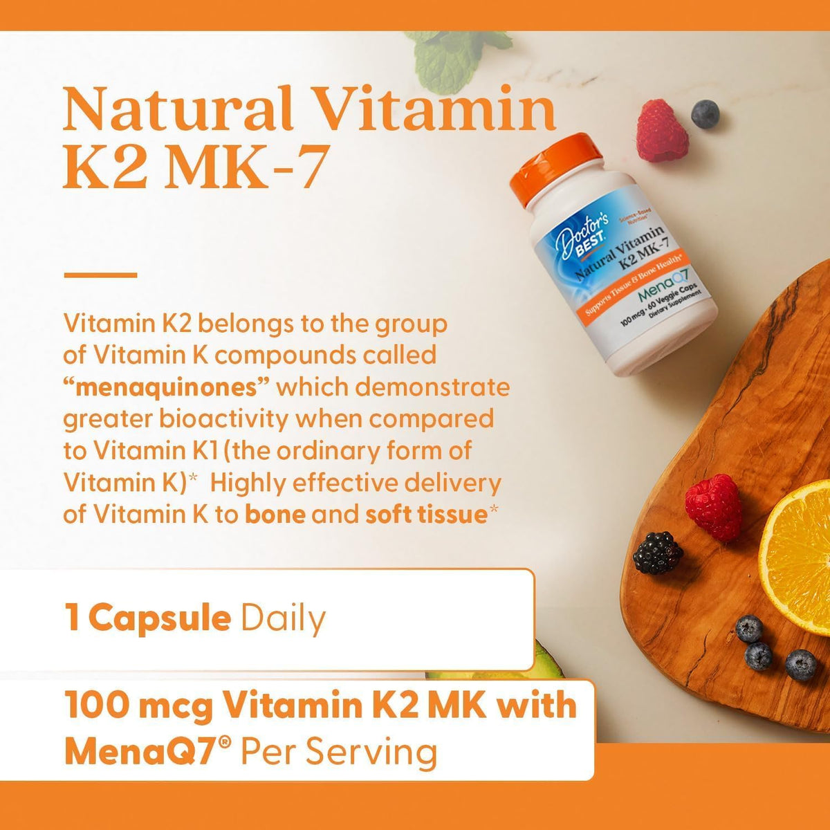 Doctor's Best Natuurlijke Vitamine K2 MK-7 met MenaQ7, 100 mcg, 60 Plantaardige Capsules