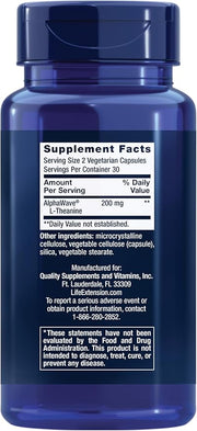 Life Extension L-Theanine 200 mg supplement bottle, 60 vegetarian capsules.