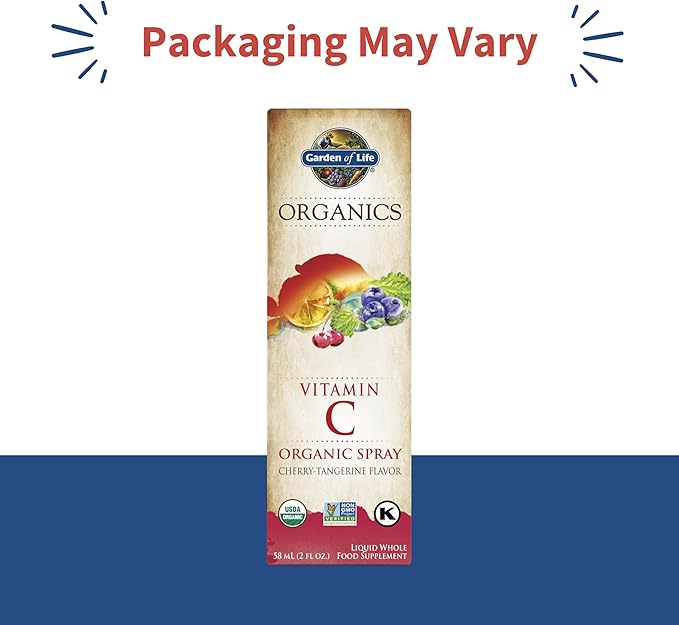 Garden of Life Organic Vitamin C Spray bottle & box, Cherry Tangerine flavour, 58ml packaging may vary.