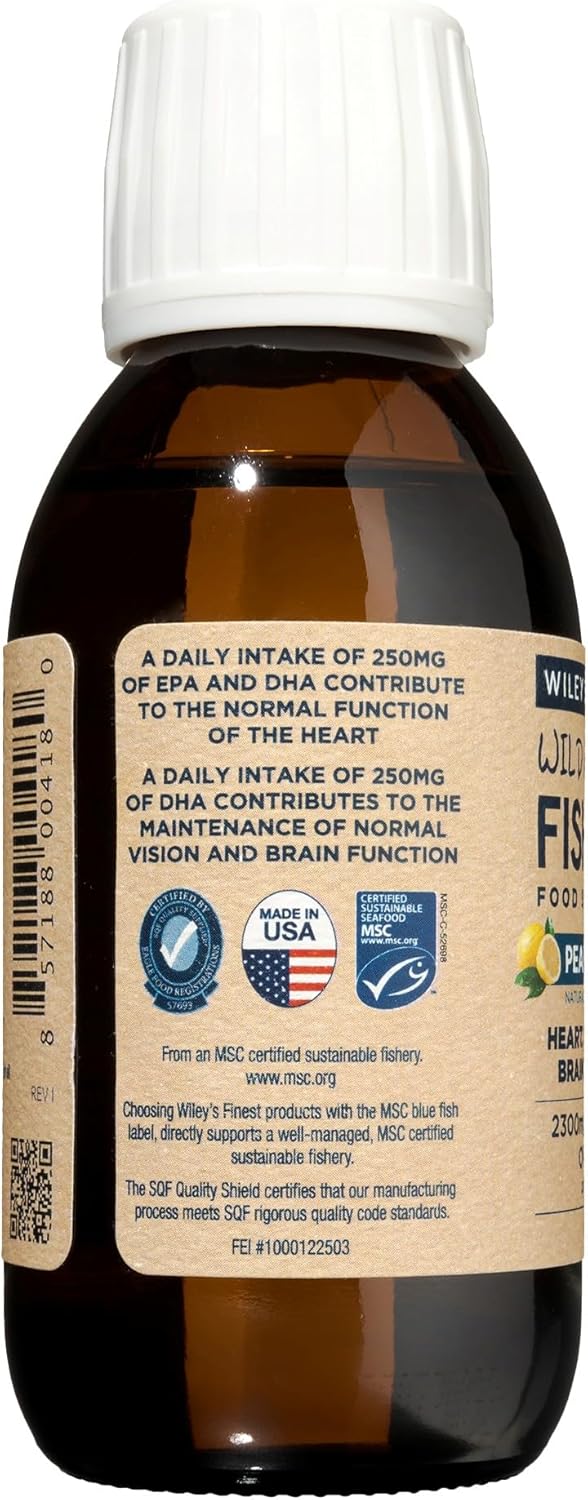 Back image: Wiley’s Finest Wild Alaskan fish oil supplement facts bottle 125ml