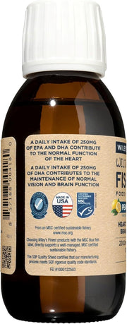 Back image: Wiley’s Finest Wild Alaskan fish oil supplement facts bottle 125ml