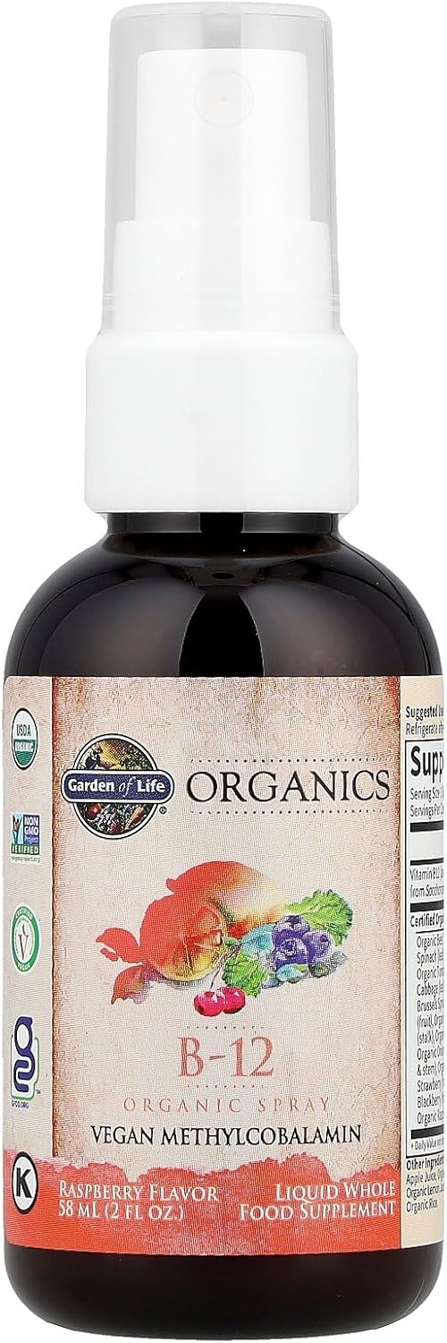 Garden of Life Organics Vitamin B12 Spray bottle, Raspberry flavour, 58ml.