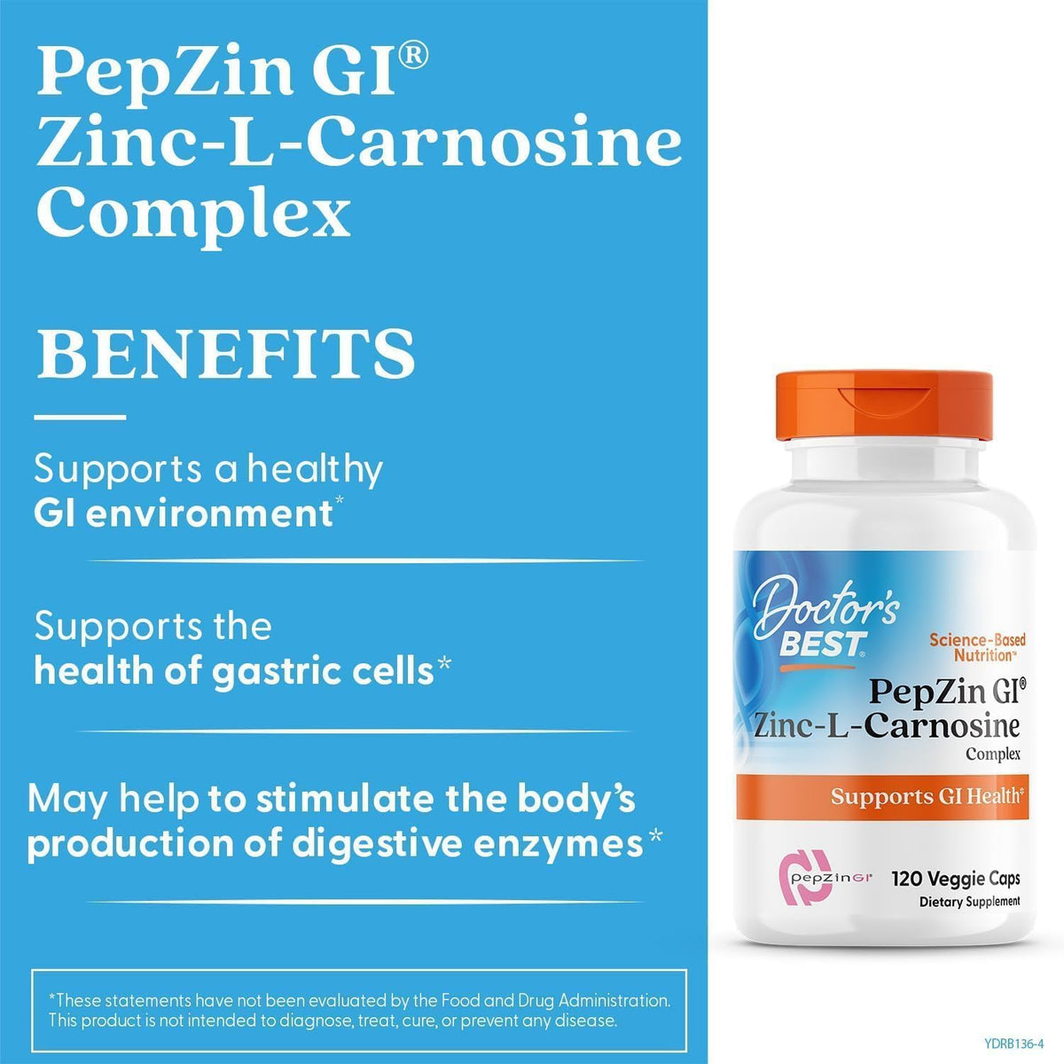 Doctor's Best PepZinGI Zinc-L-Carnosine Complex, bottle packaging, no flavour, 120 veggie capsules, daily food supplement use
