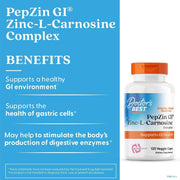 Doctor's Best PepZinGI Zinc-L-Carnosine Complex, bottle packaging, no flavour, 120 veggie capsules, daily food supplement use