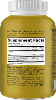 Supplement facts & ingredients image: Qunol Ubiquinol CoQ10 supplement facts 200mg ingredients 60 count