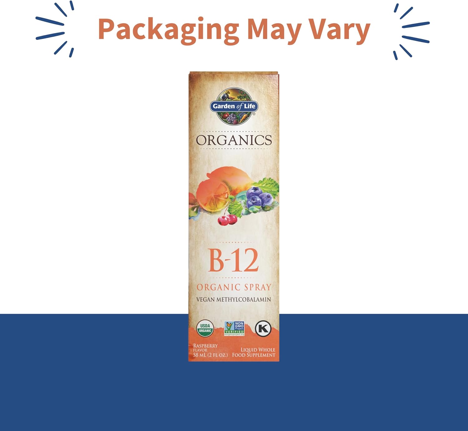 Garden of Life Organics Vitamin B12 Spray box, Raspberry flavour, 58ml. Packaging may vary.