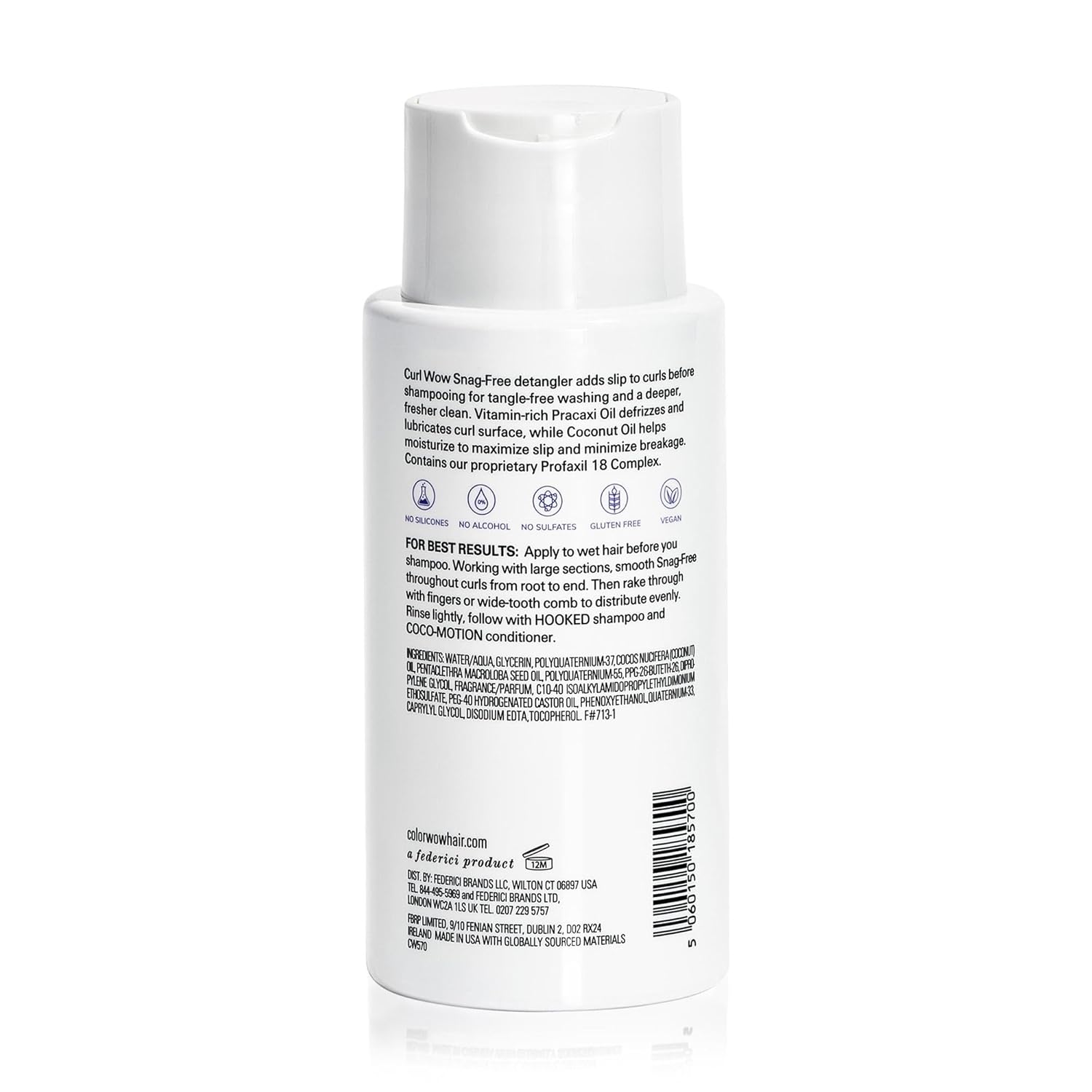 Back label of Color Wow Snag-Free Detangler showing ingredients, barcode  and directions.