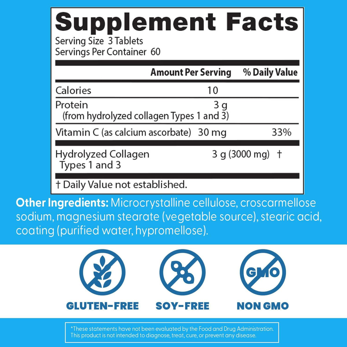 Doctor's Best Collagen Types 1 & 3 with Vitamin C, bottle packaging, unflavoured, 3000mg, 180 tablets, supplement facts and ingredients