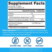 Doctor's Best Collagen Types 1 & 3 with Vitamin C, bottle packaging, unflavoured, 3000mg, 180 tablets, supplement facts and ingredients