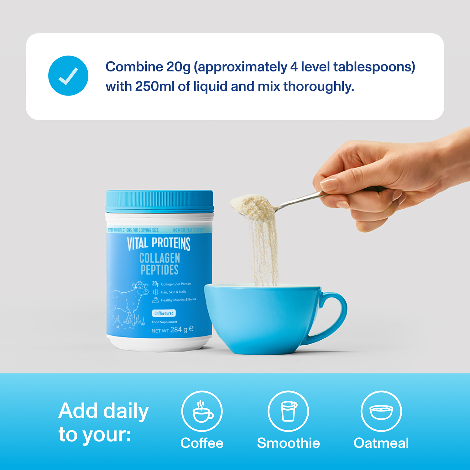How to Use: Vital Proteins Collagen Peptides powder unflavoured tub 284g usage instructions
