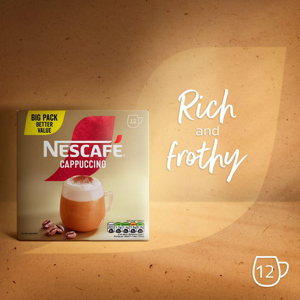 Nescafé Cappuccino Instant Coffee Mix 12 x 15.5g sachets prepared as a hot cappuccino drink