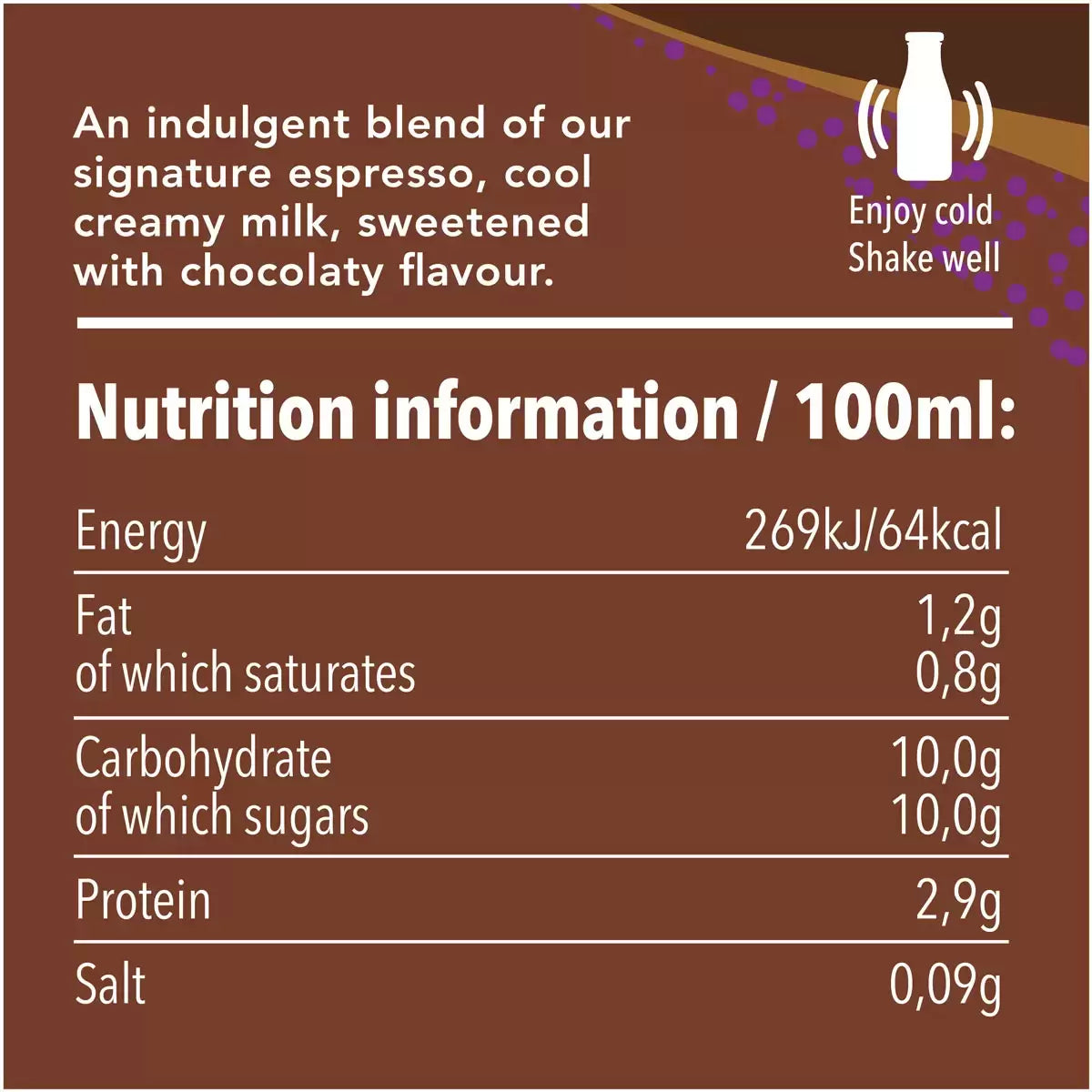 Starbucks Frappuccino Mocha Iced Coffee Drink, glass bottle packaging, Mocha flavour, 8 x 250ml, ingredients and nutrition information