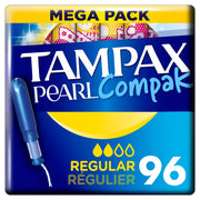 Front image: Tampax Pearl Compak regular tampons compact applicator pack 96 count