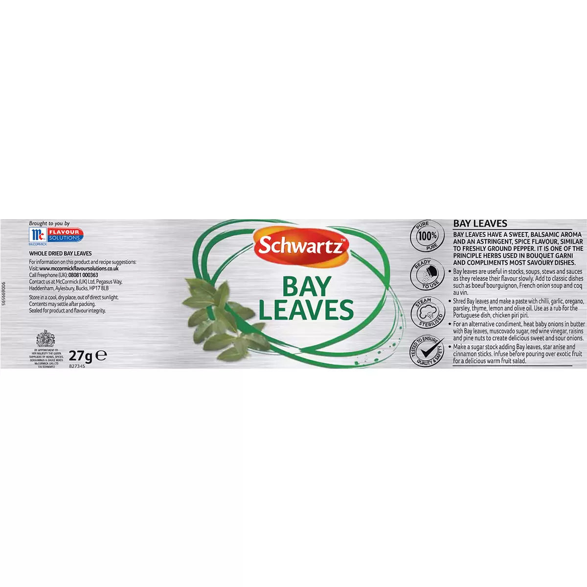 Supplement facts & ingredients image: Schwartz Whole Bay Leaves ingredient information packaging 27g