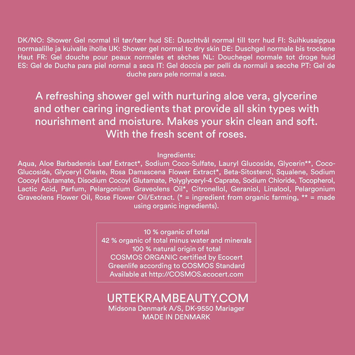 Urtekram Refreshing Rose Shower Gel 500ml bottle ingredients
