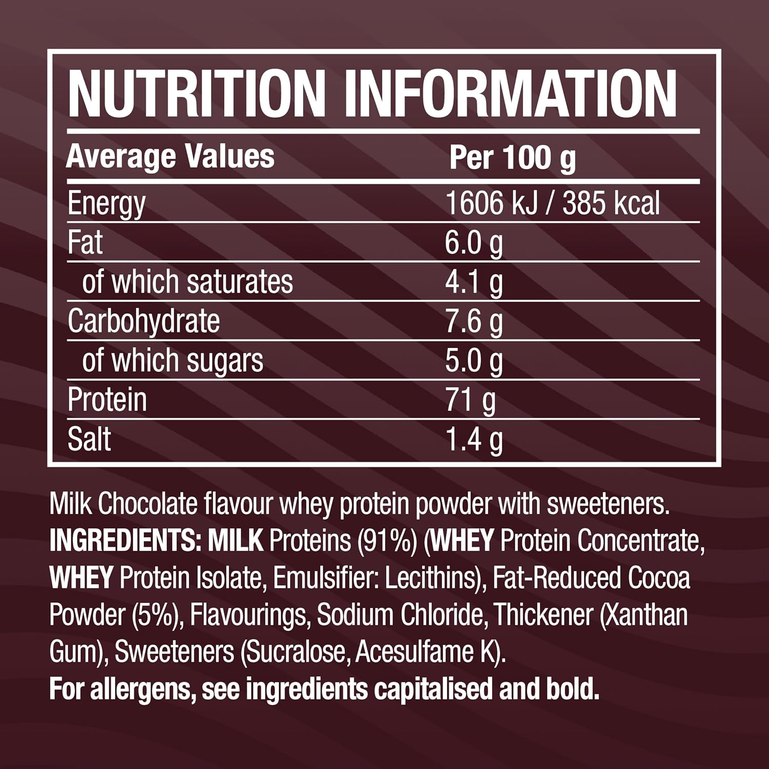 Supplement Facts Image: Cellucor C4 whey protein ingredients chocolate powder 1.61kg packaging