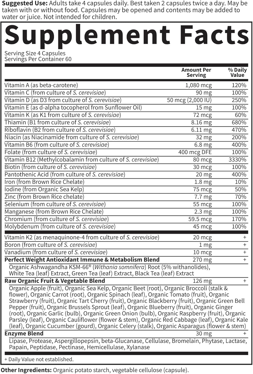 Supplement facts for Code Whole Food Multivitamin with ingredient list.