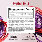 Jarrow Formulas Methyl B-12 2500mcg supplement facts ingredients chewable tablets tropical 100 count