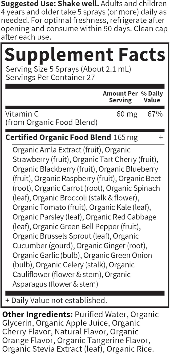 Supplement facts and organic ingredients list for Vitamin C Spray.