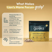 Nutrition Geeks Lion's Mane Focus+ 4000mg, vegan food supplement tablet packaging, no flavour, 180 tablets, daily supplement use