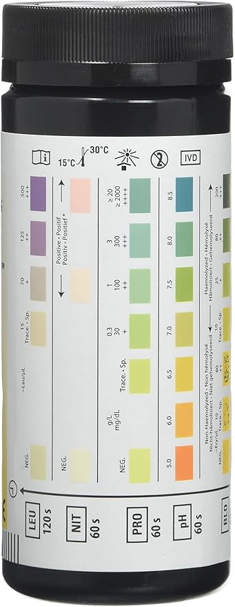 Close-up of a Siemens Multistix 8 SG reagent strip colour chart on the box. on bottle.