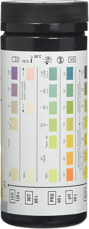 Close-up of a Siemens Multistix 8 SG reagent strip colour chart on the box. on bottle.